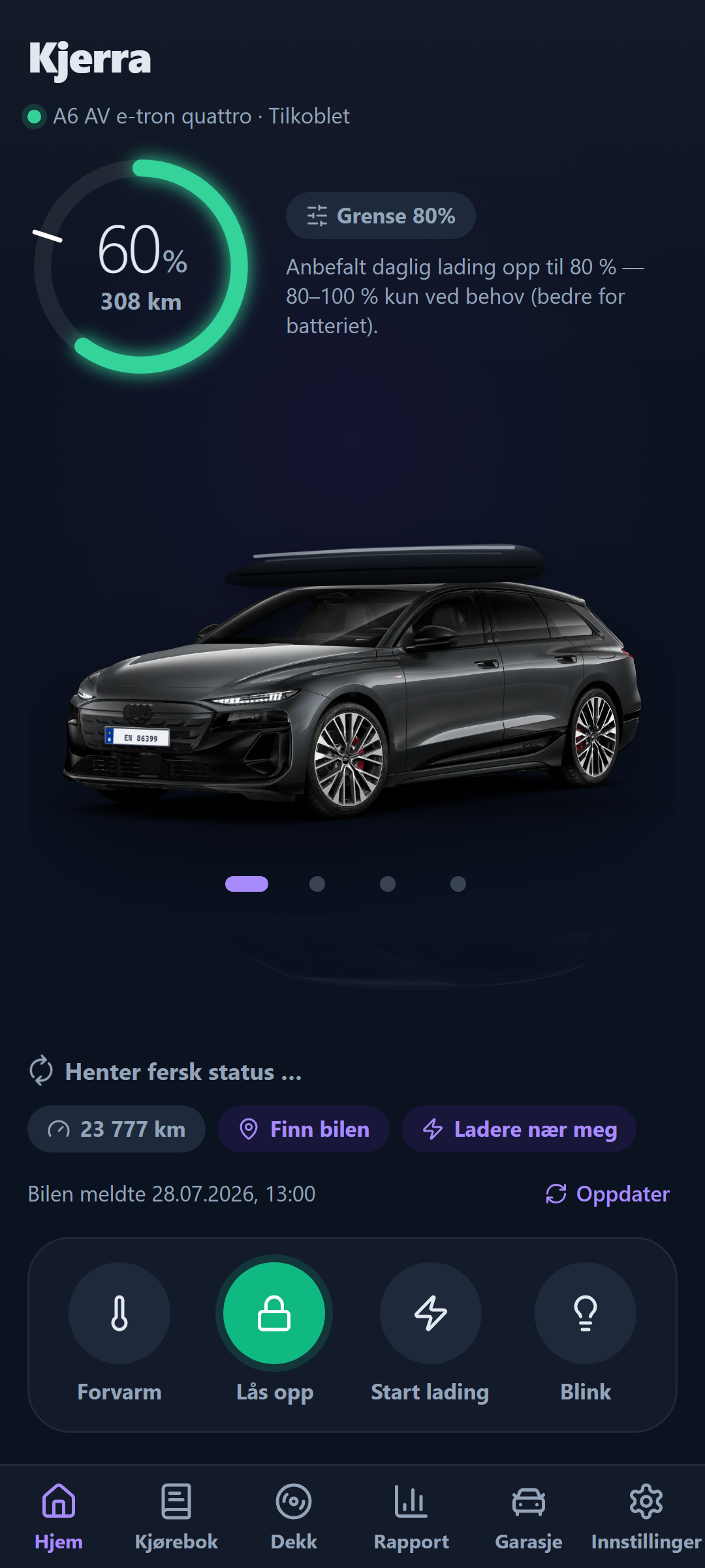 Hjem-skjermen i Min bil: batteriring med rekkevidde, bilen med takboks, og hurtighandlinger